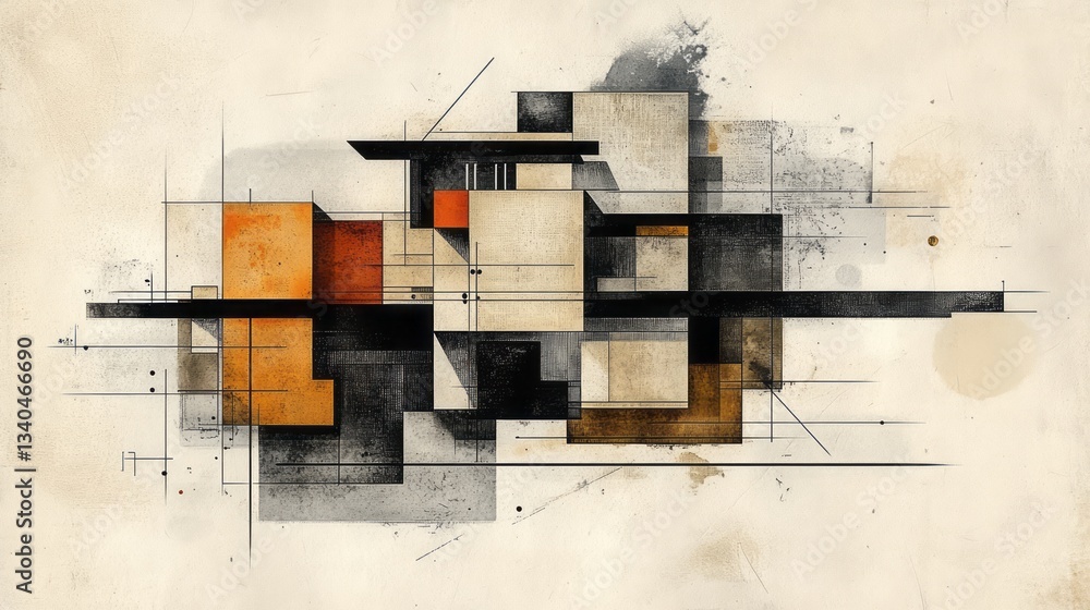 Poster abstract composition shows geometric forms and lines on paper