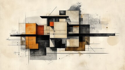 Abstract composition shows geometric forms and lines on paper