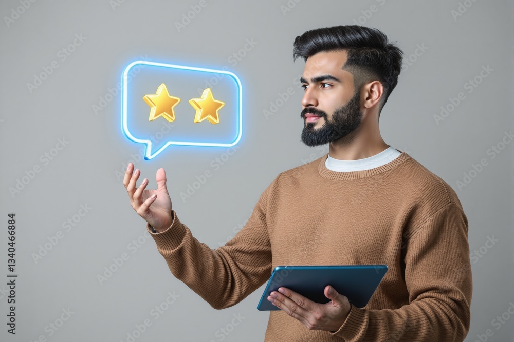 Poster man using tablet with holographic two-star rating in futuristic digital concept.
