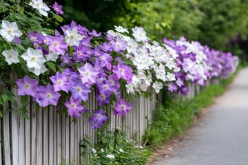Obraz premium White and purple clematis flowers climbing a wooden fence in a garden