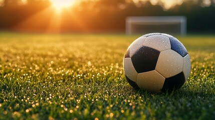 Fototapeta premium Wet soccer ball resting on grass field at sunset