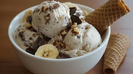 Homemade ice cream with banana chocolate nuts with cones
