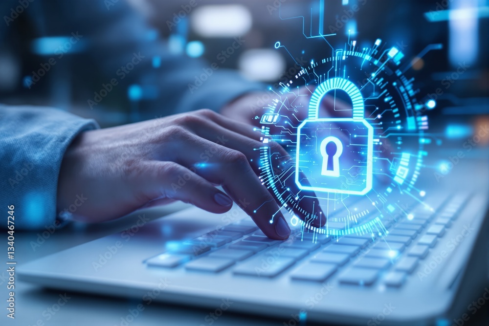 Poster cybersecurity concept with digital padlock hologram over laptop keyboard.