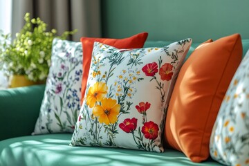 Decorative pillows with floral patterns are lying on a green sofa in the living room