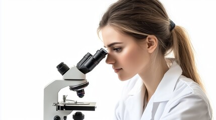 Hyper realistic photo, science, woman doctor, look on the microscope, side. isolated on white