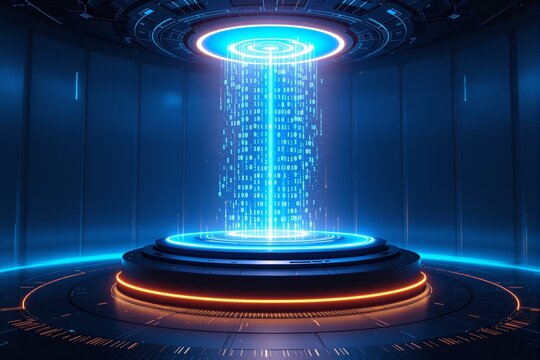 Futuristic digital teleportation portal with glowing binary code stream.