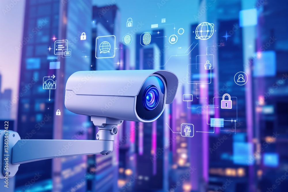 Poster surveillance camera with digital security icons in futuristic cityscape.