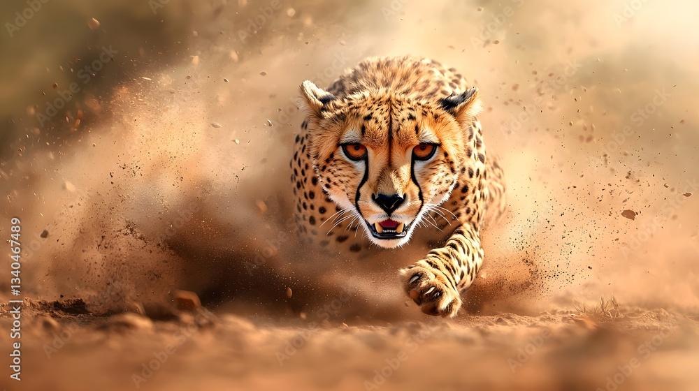 Poster a mesmerizing image of a lean saharan cheetah sprinting across the sandy desert landscape its powerf