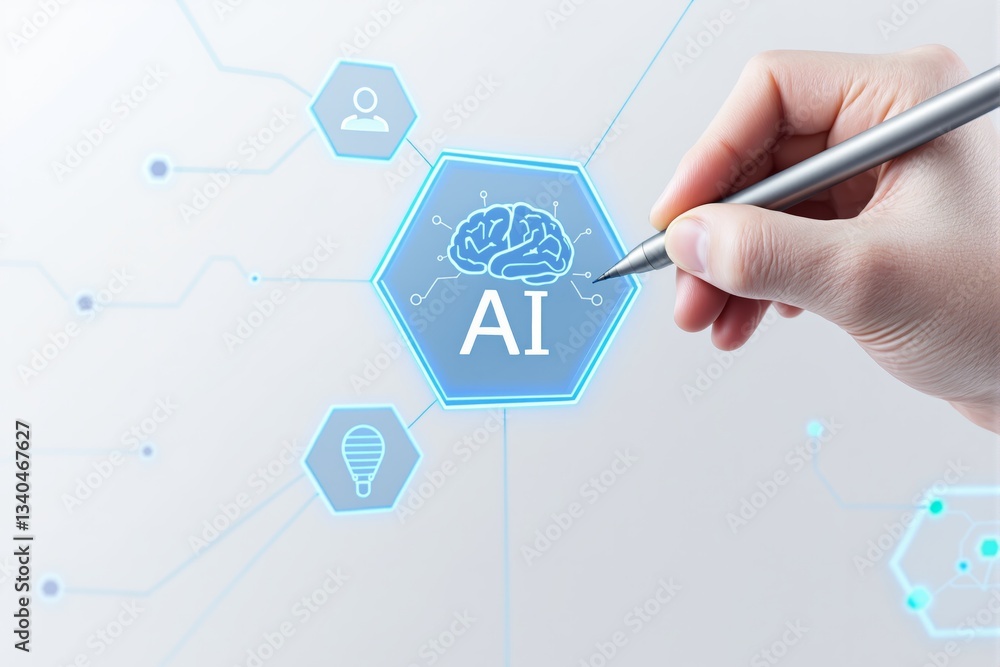 Poster hand holding pen interacting with ai digital interface on futuristic screen.