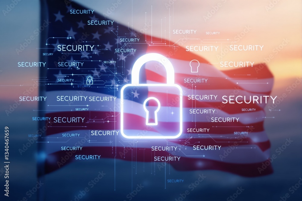Aufkleber Cybersecurity concept with glowing padlock and digital security text overlay on American flag.