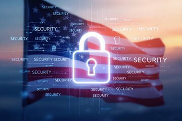 Cybersecurity concept with glowing padlock and digital security text overlay on American flag.