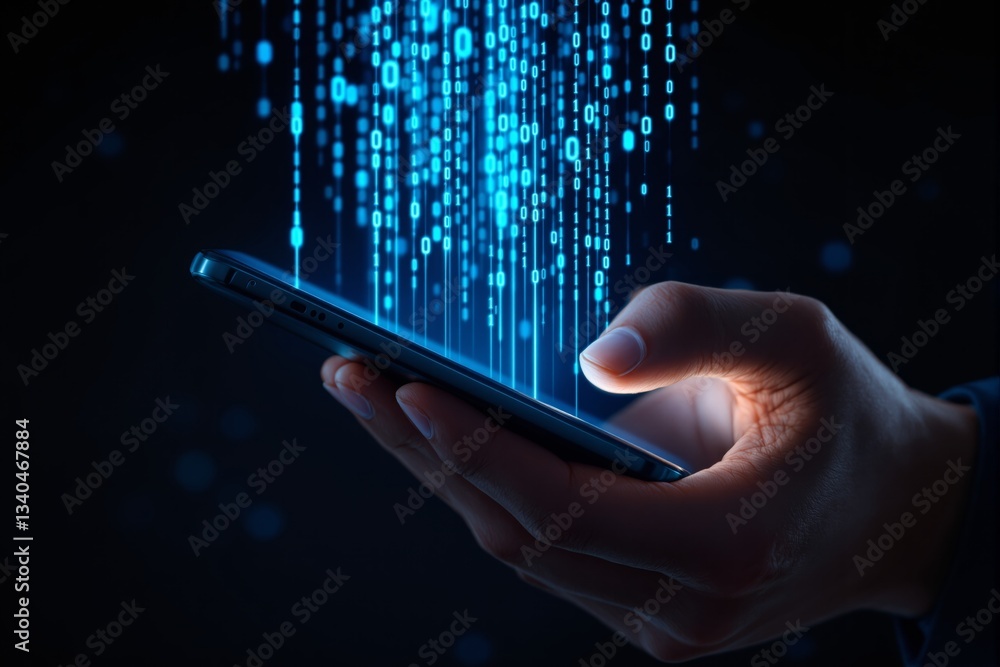 Poster futuristic digital data transfer from smartphone in hand.