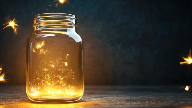 Glass Jar Filled with Glowing, Magical Lights Creates Whimsical and Enchanting Atmosphere Against Dark Background, Emitting Warm, Golden Glow Suggesting Sense of Wonder and Mystery