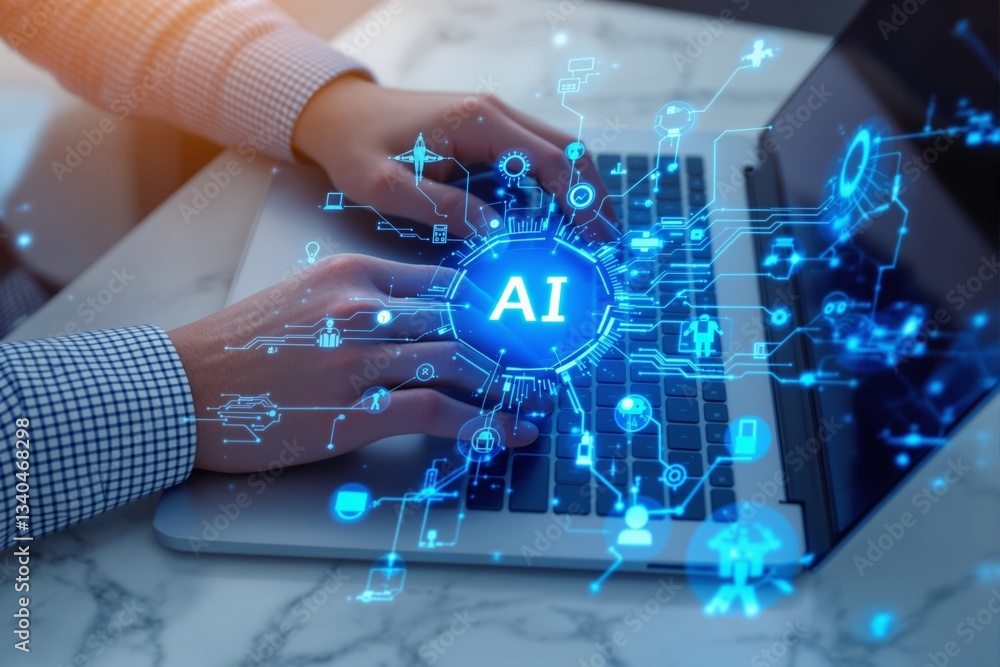 Poster Artificial intelligence concept with glowing AI symbol on laptop keyboard.