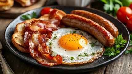 Breakfast egg ham sausages bacon tomato