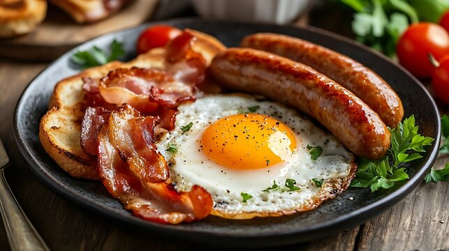 Breakfast egg ham sausages bacon tomato