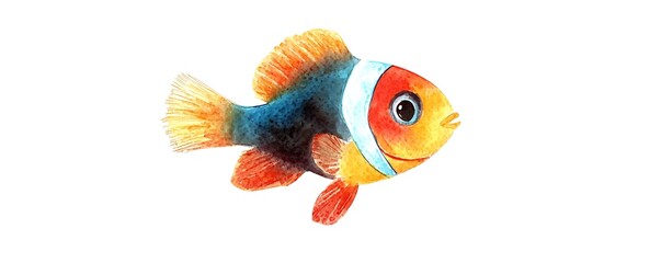 Adorable cartoon fish, painted in watercolor, isolated on a clean white backdrop, highlighting a fun and colorful design.