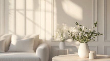 Serene Home Decor with Floral Vase and Couch
