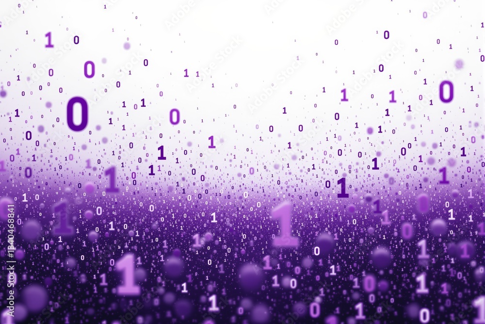 Poster Abstract digital binary code background with floating numbers in purple tones.