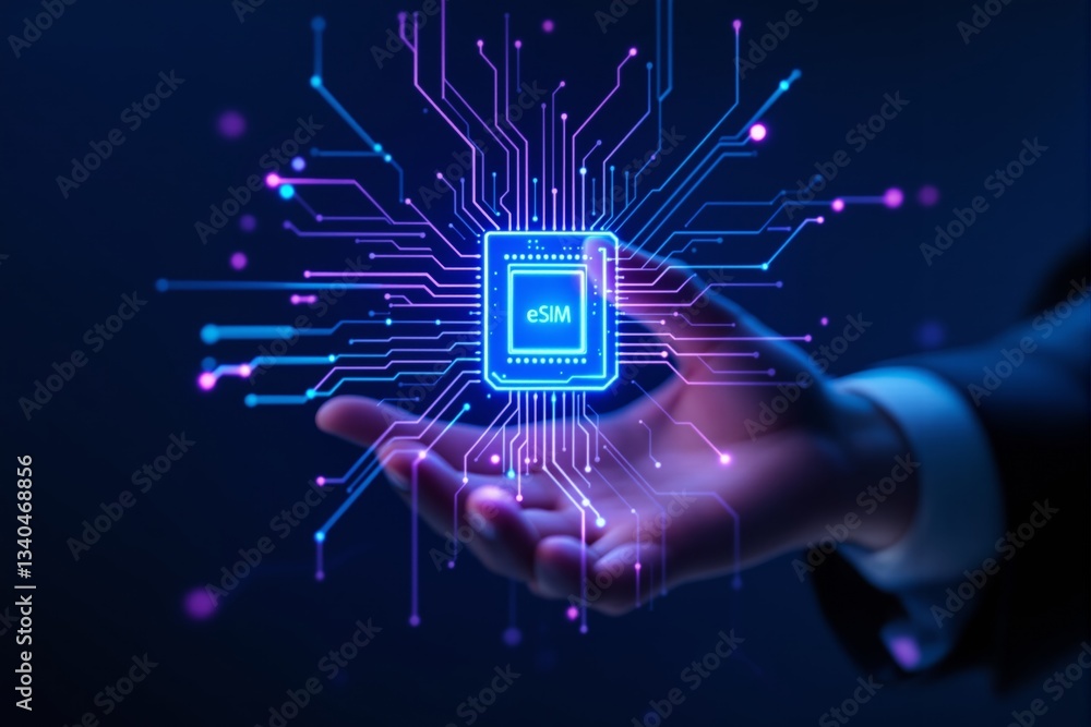 Poster futuristic esim chip with glowing circuit connections in hand.