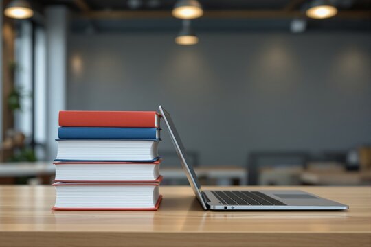 Stack of books leaning on an open laptop on a wooden desk.