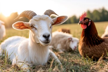 Obraz premium Young goat resting in the grass with sheep and hen during sunset