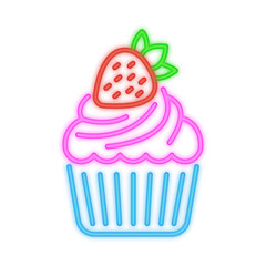 A vibrant neon illustration of a cupcake with pink frosting, a fresh strawberry, and a blue wrapper, symbolizing desserts, baking, and sweet treats