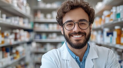 Obraz premium smiling pharmacist in white coat stands in pharmacy with shelves of medicine