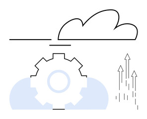 Gear merging with cloud and ascending arrows representing cloud solutions, innovation, technology, productivity, scalability, progress, and digital transformation. Ideal for flat simple metaphor