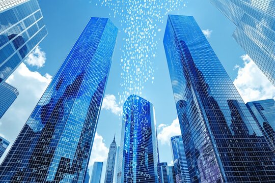 Futuristic digital cityscape with skyscrapers and binary code.