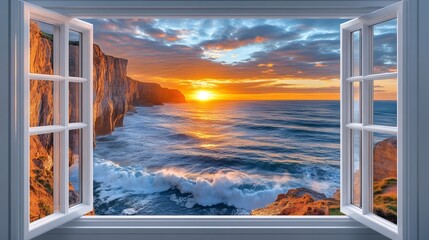 Open window showing beautiful sunset over cliffs and ocean