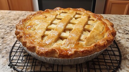 A freshly baked apple pie on a cooling rack pic