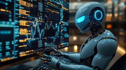 Futuristic robot analyzing data on computer screen in high tech environment