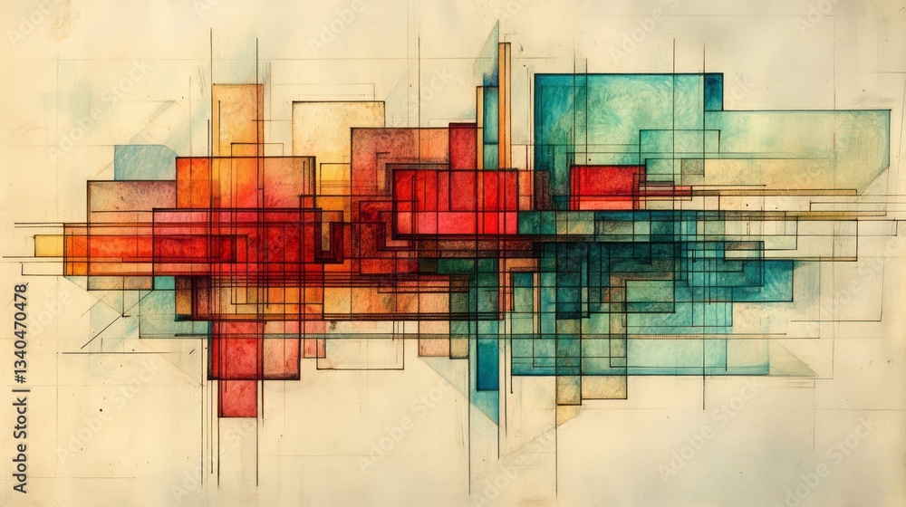 Poster abstract composition of colorful geometric shapes with thin lines