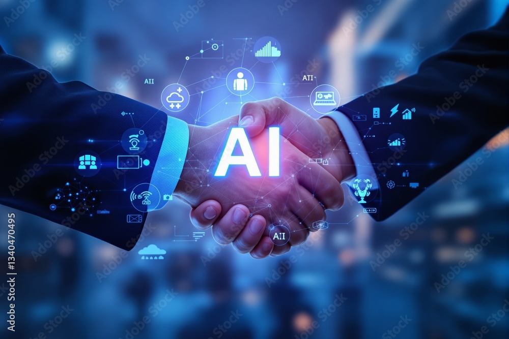 Poster ai handshake symbolizing technology collaboration and innovation.