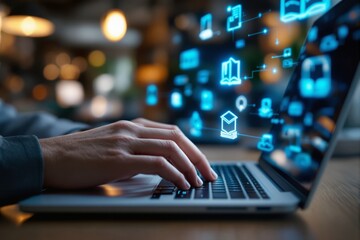 Digital learning concept with futuristic icons above laptop keyboard.