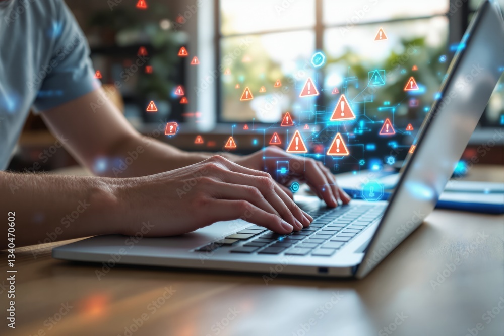 Poster cybersecurity threat concept with hacker typing on laptop.