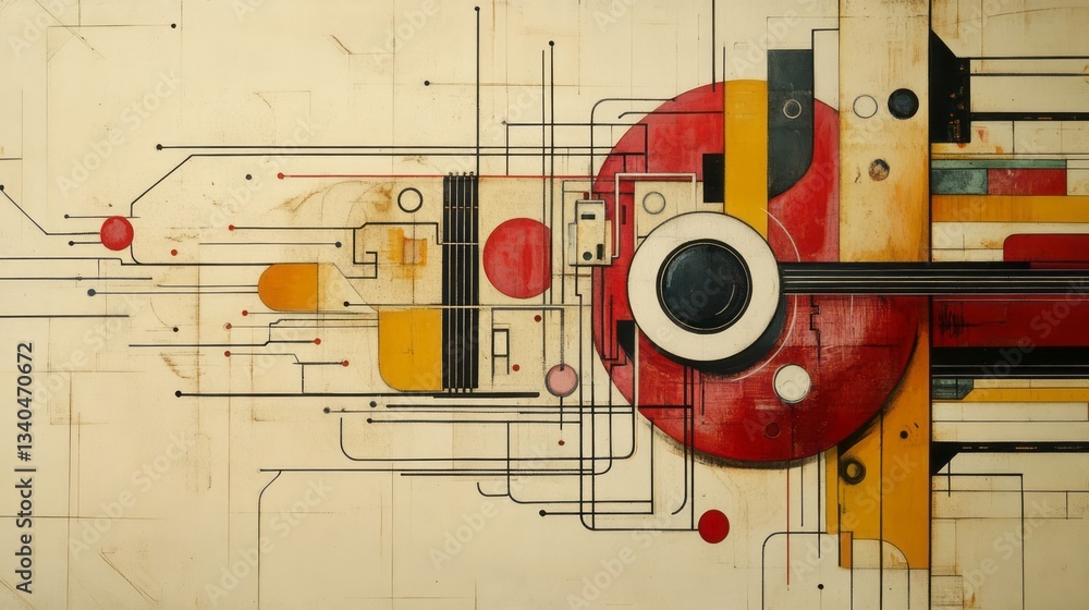 Poster abstract representation of a guitar utilizing geometric shapes and lines