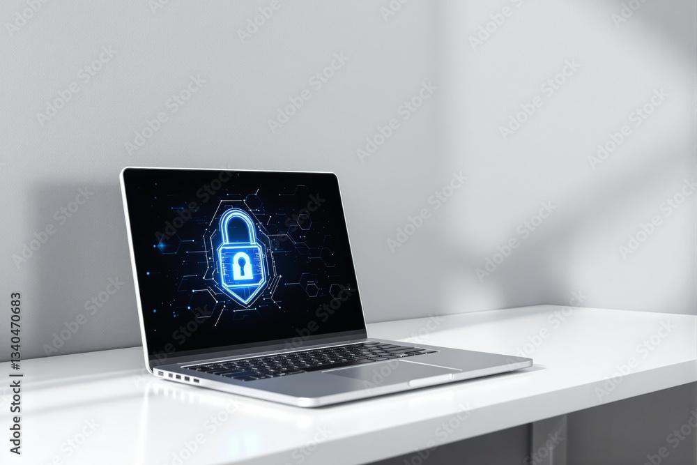 Poster Cybersecurity concept with laptop displaying glowing lock icon on screen.
