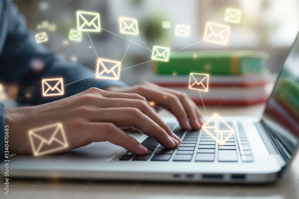 Poster hands typing on laptop keyboard with glowing email icons floating, symbolizing digital communication