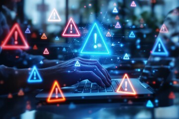 Cybersecurity threat concept with hands typing on laptop and warning symbols floating in digital space.