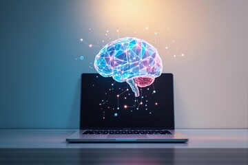 Futuristic digital brain emerging from a laptop screen.