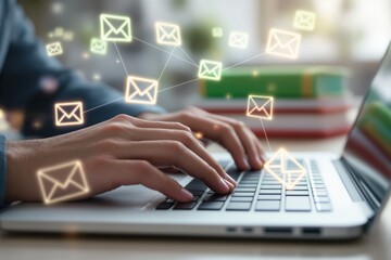 Hands typing on laptop keyboard with glowing email icons floating, symbolizing digital communication and online messaging in a modern workspace.