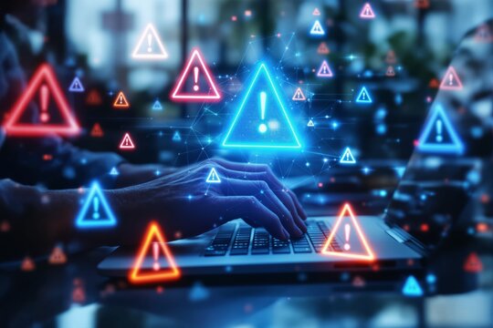 Cybersecurity threat concept with hands typing on laptop and warning symbols floating in digital space.