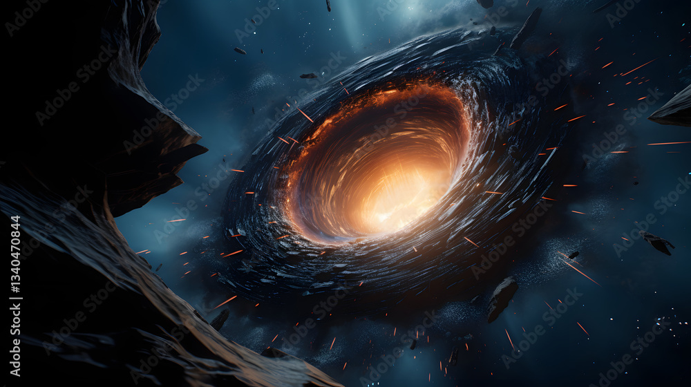 Poster awe-inspiring black hole suspended in the sky surrounded by a swirling vortex of light and color cre