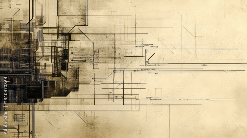 Poster complex technical drawing with lines and geometric abstract shapes