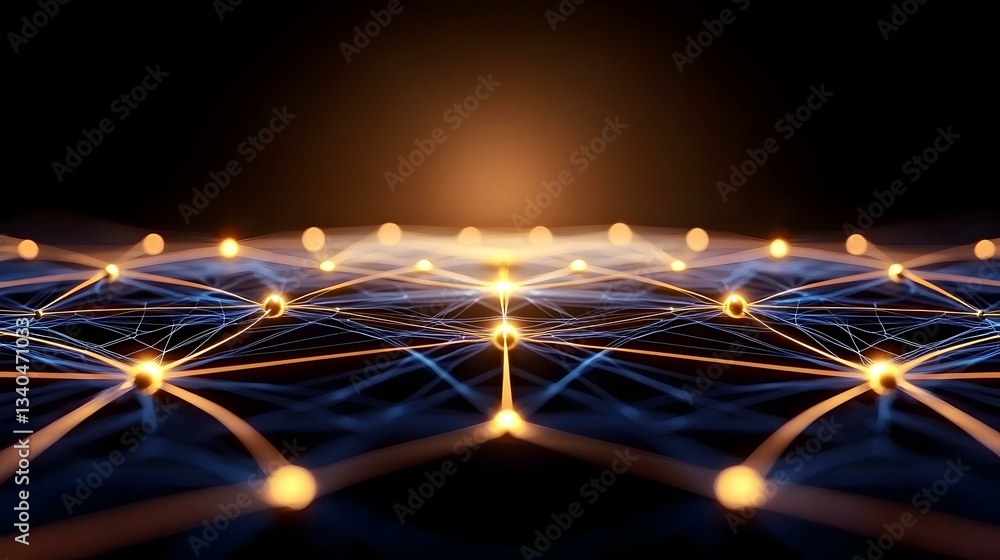Poster the image shows a network of interconnected nodes, glowing with orange and blue light against a dark