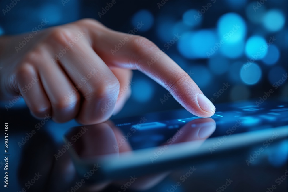 Aufkleber close-up of a hand touching a digital touchscreen device in a futuristic interface.