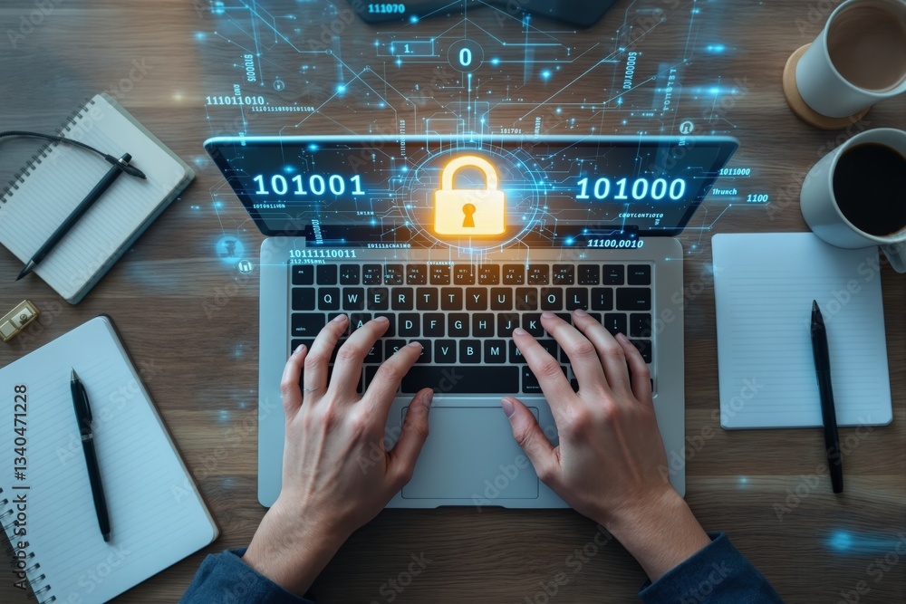 Poster cybersecurity data protection concept with hands typing on laptop and digital lock symbol.