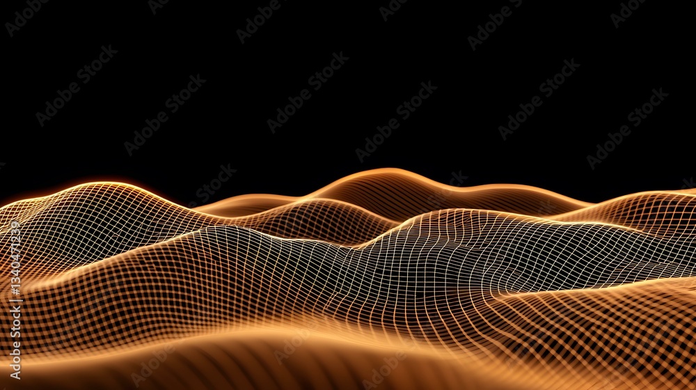 Poster the image contains an abstract rendering of a gridded, undulating surface, reminiscent of sand dunes